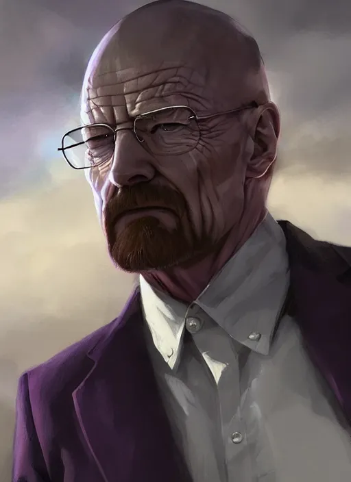 Image similar to Walter White wearing a dark purple suit, elegant, digital painting, concept art, smooth, sharp focus, illustration, from StarCraft by Ruan Jia and Mandy Jurgens and Artgerm and William-Adolphe Bouguerea