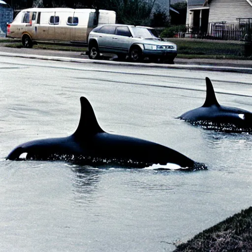 Image similar to orcas playing on a slip and slide in the suburbs, 35mm photo from 1996