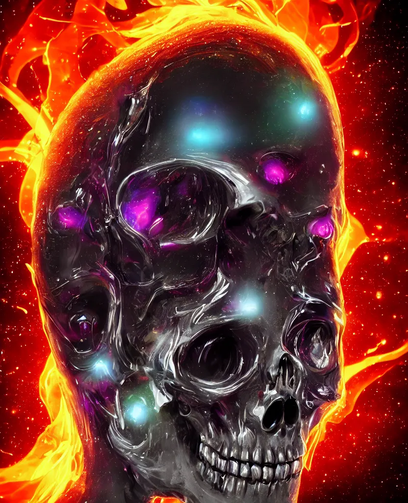 Image similar to close-up macro portrait of the face of a beautiful princess rotten skull in a spaceman suit, epic angle and pose, symmetrical artwork, 3d with depth of field, blurred background, cybernetic jellyfish female face skull phoenix bird, translucent, nautilus, energy flows of water and fire. a highly detailed epic cinematic concept art CG render. made in Maya, Blender and Photoshop, octane render, excellent composition, cinematic dystopian brutalist atmosphere, dynamic dramatic cinematic lighting, aesthetic, very inspirational, arthouse. y Greg Rutkowski, Ilya Kuvshinov, WLOP, Stanley Artgerm Lau, Ruan Jia and Fenghua Zhong