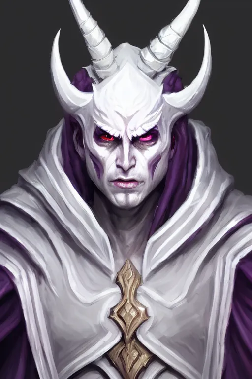 Image similar to human male demon, full body white purple cloak, hero, heavy scale armor, character concept art, costume design, black eyes, white horns, trending on artstation, Artgerm , WLOP