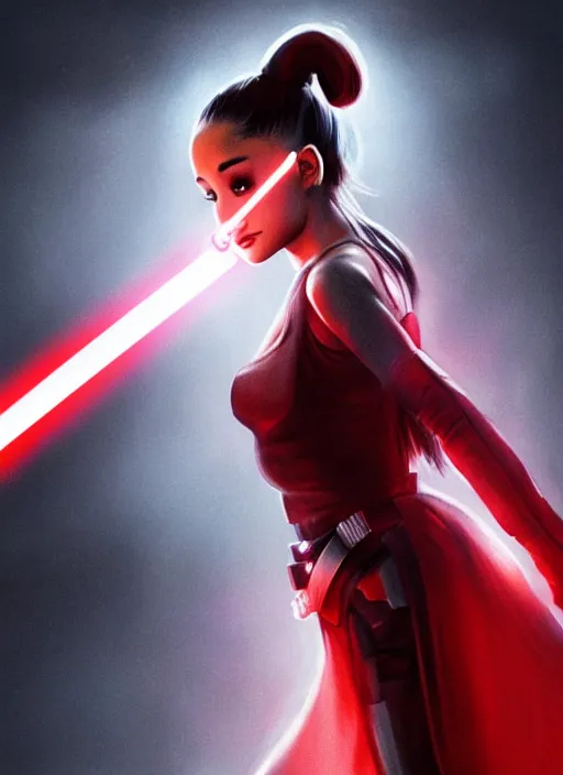 Prompt: Photo of Ariana Grande with a red lightsaber, Star Wars concept art, trending on artstation, dramatic lighting, photo-realistic