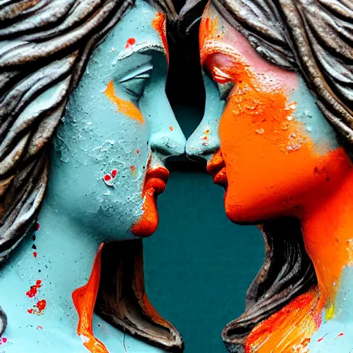 Prompt: close - up of two greek statue women kissing each other, they are covered in splattered acrylic paint