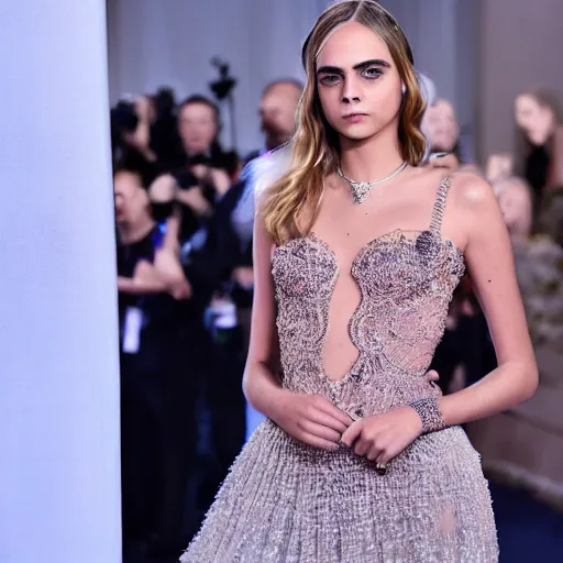 Prompt: Super model Cara delevingne wearing a gown made of flowing plasma ultra high quality extremely intricacies in the level of detail photorealism 8k very beautifully designed