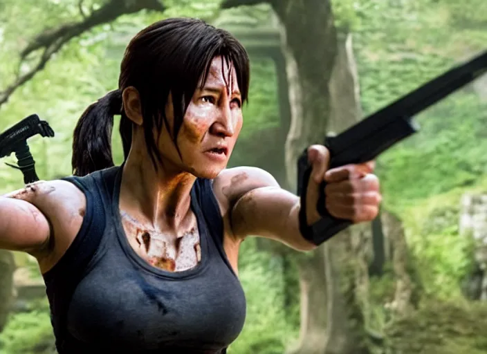 Image similar to film still of!!!! jackie chan jackie chan jackie chan!!! as lara croft in new tomb raider movie, 8 k