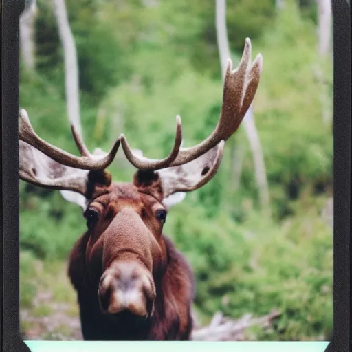 Image similar to polaroid of a moose with a mischievous smile