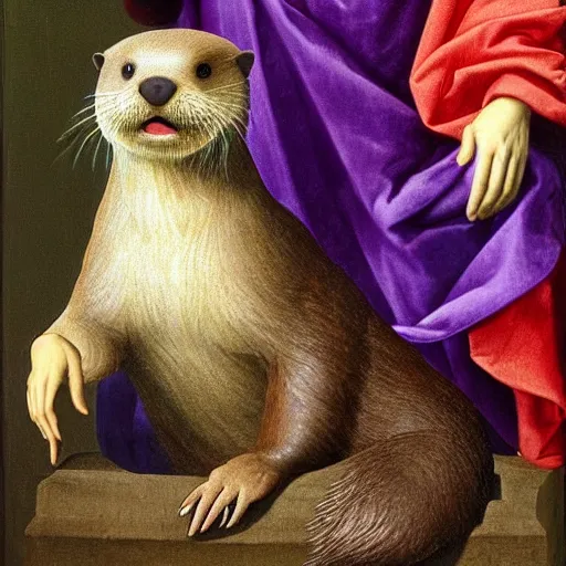 Prompt: renaissance painting of an otter wearing a royal crown and royal purple robes