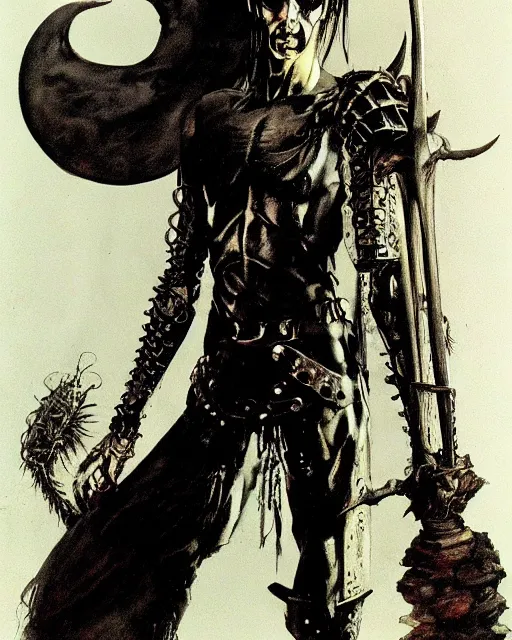 Image similar to portrait of an androgynous skinny bauhaus goth sorcerer wearing armor by simon bisley, john blance, frank frazetta, fantasy