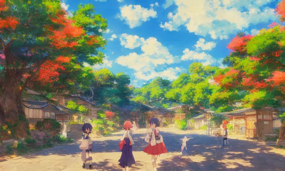 Image similar to impressionist painting of happiness and friendship, rural landscape, kyoto animation, wide shot, dynamic lighting, vivid colors, high detail, award winning