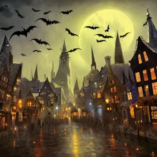 Image similar to A bustling magical town with witches flying on their broom inspired by Victorian England and Amsterdam and Halloween Town from The Nightmare Before Christmas, concept art, matte painting, trending on art station, ultra high quality, masterpiece