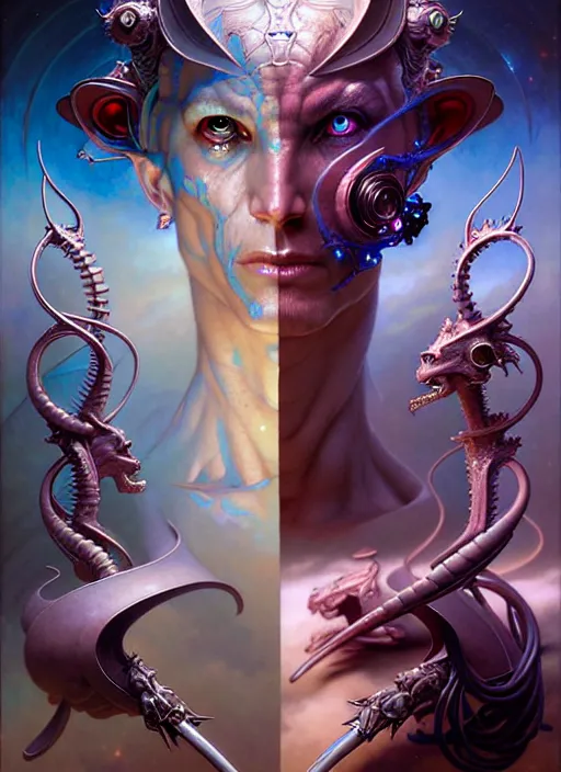 Image similar to beautiful gemini fantasy character portrait, ultra realistic, wide angle, intricate details, anatomy artifacts, highly detailed by peter mohrbacher, hajime sorayama, wayne barlowe, boris vallejo, aaron horkey, gaston bussiere, craig mullins