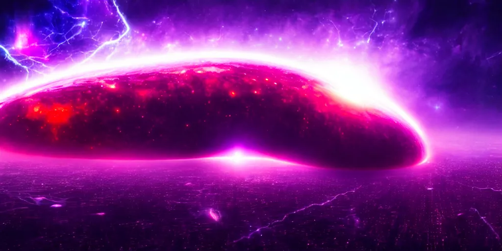 Prompt: Horrific cosmic beast consumes distant future city, emerging from timespace tear, cinematic lighting, PBR, hyperrealistic, oil painting, purple crimson color scheme, dirtyfuturepunk