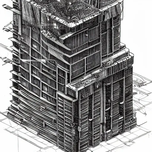 Image similar to an architectural section drawing of an organic cyberpunk building made of vivid organs