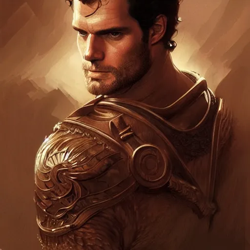 Image similar to Henry Cavill as a warrior, upper body, D&D, muscular, fantasy, intricate, elegant, highly detailed, digital painting, artstation, concept art, smooth, sharp focus, illustration, art by artgerm and greg rutkowski and alphonse mucha