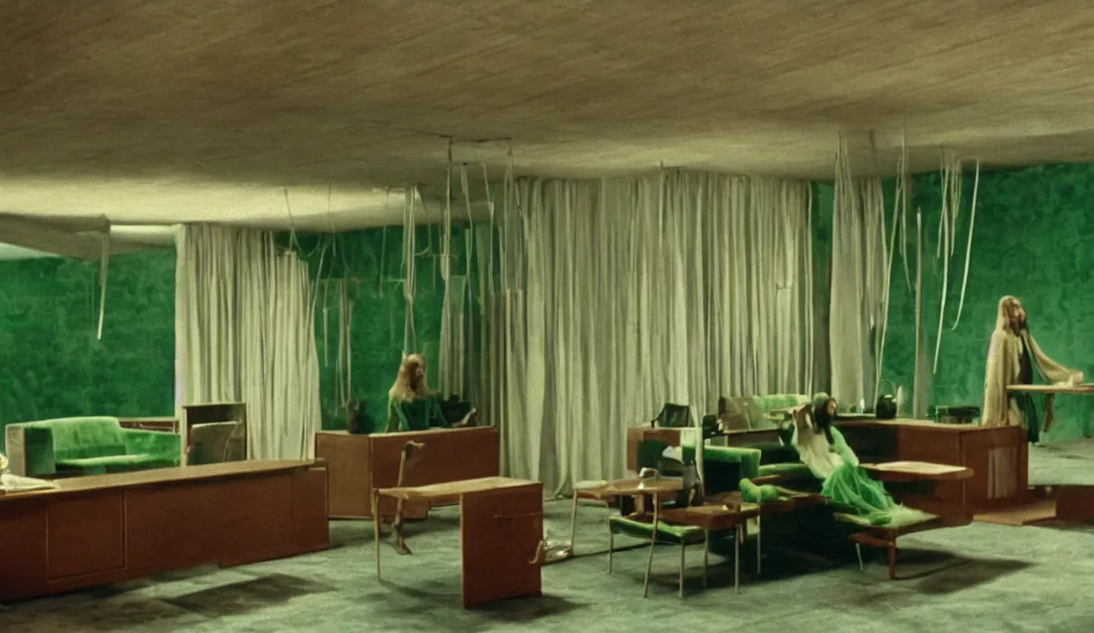 Prompt: a still of severance series indoor 7 0 s green velvet and wood with metal furniture office scenario appearing in a film of jodorowsky, in movie holy mountain ( 1 9 7 3 )