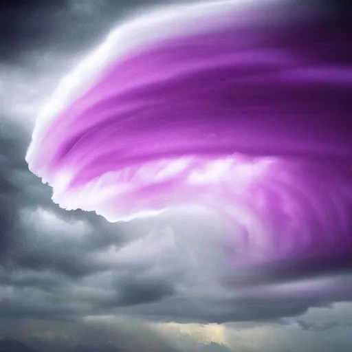 Image similar to amazing photo of a purple clouds in the shape of a tornado, digital art, beautiful dramatic lighting