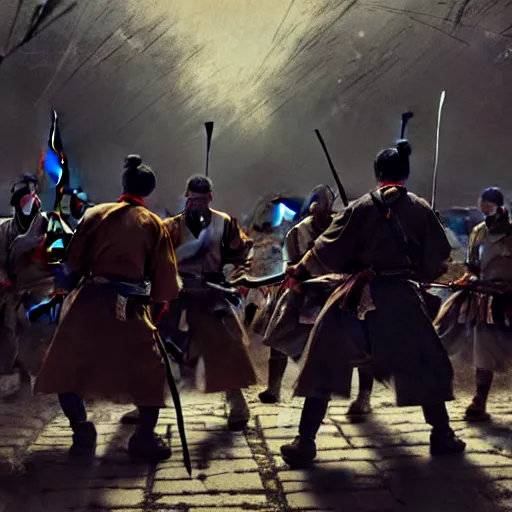 Prompt: the cries of the wounded had much diminished now, and as we staggered down the road, the reason was only too apparent, for the japanese samurai were ready with katana in hand, rendered in pov - ray, style of greg rutkowski and jackson pollock