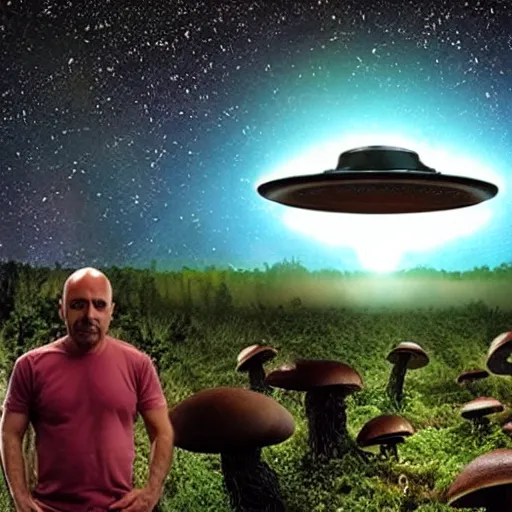 Prompt: Aliens from a UFO harvesting mushrooms from Earth with Joe Rogan watching with binoculars from the trees, realistic