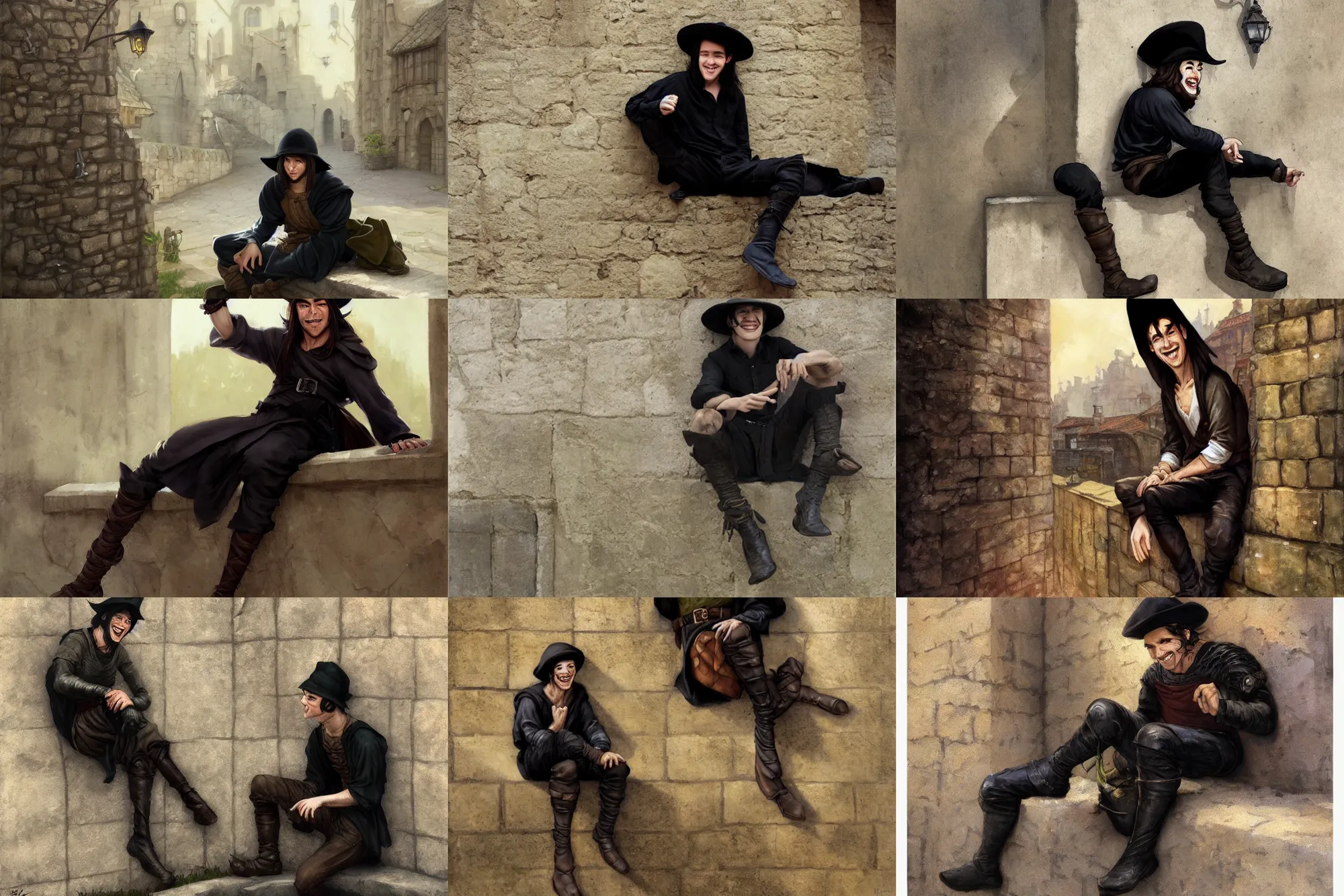 Prompt: medieval young male thief sitting on a wall by the road, smiling, long black hair, black hat and olive shirt by stanley artgerm lau, wlop, rossdraws, frank frazetta, andrei riabovitchev, marc simonetti, tranding on artstation