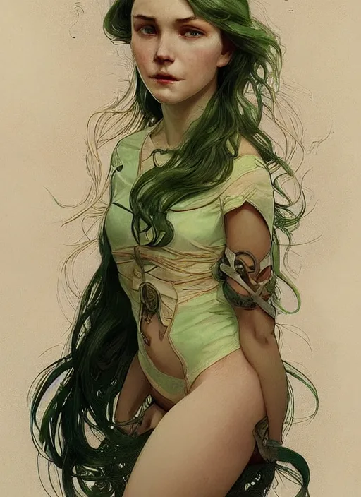 Image similar to a young april with a mischievous face and extremely long blonde wavy hair dressed in a green pale mechanic suit, she have three little scars marks on her forehead, intricate detailed face, artgerm, greg rutkowski, alphonse mucha