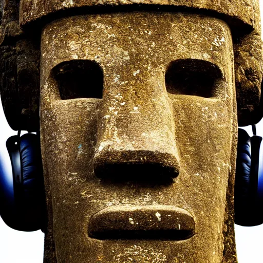 Image similar to a high detail photo of a moai wearing headphones