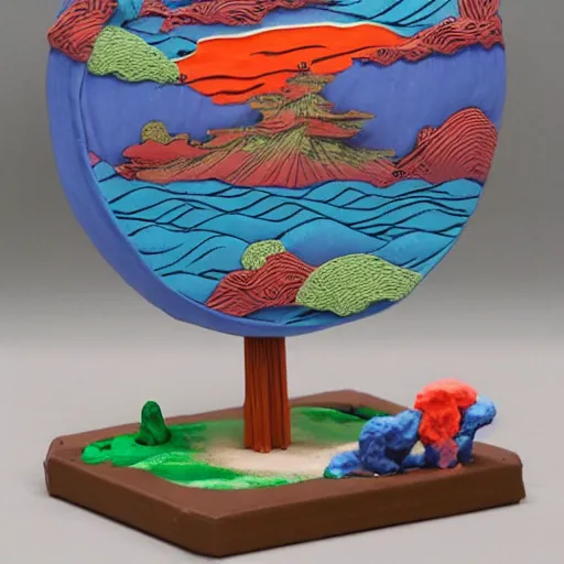 Image similar to claymation, 3 d clay sculpture, made of clay, ukiyo - e sculpture, colorful, inspired by ando hiroshige