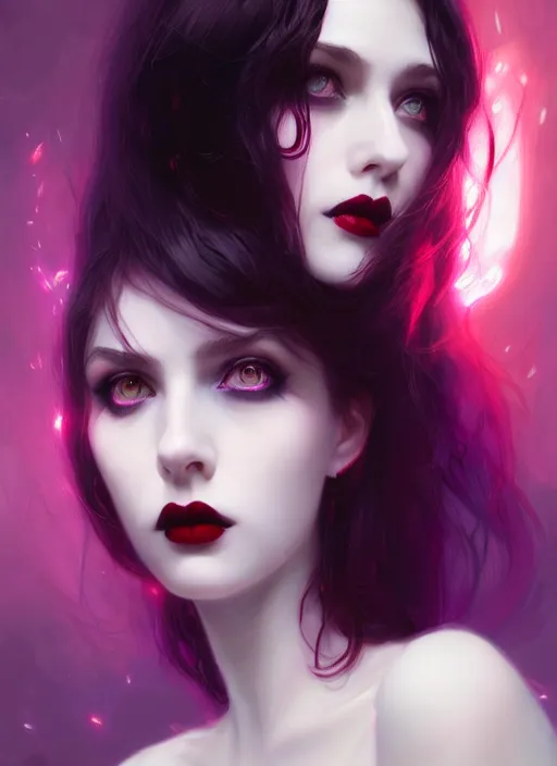 Prompt: portrait of naturally pale goth girl, red irises, black hair, white bangs, purple lipstick, intricate, elegant, glowing lights, highly detailed, digital painting, artstation, concept art, smooth, sharp focus, illustration, art by wlop, mars ravelo and greg rutkowski