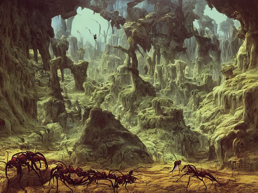 Prompt: Into the anthill. Caverns of the ants. Painting by Caspar David Friedrich, Roger Dean, Walton Ford