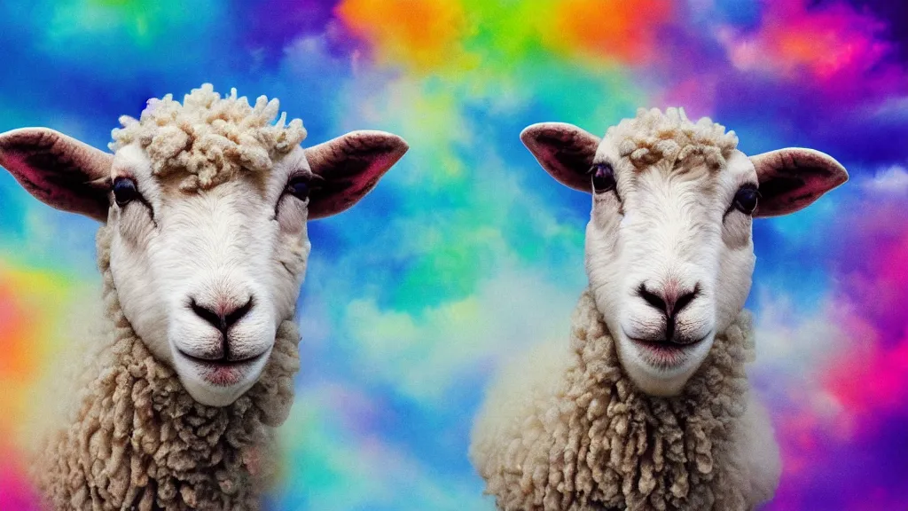 Prompt: portrait of a sheep on a colorful nebulous cloud backdrop