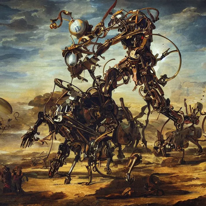 Image similar to an epic painting of the last human fighting a mechanical art machine