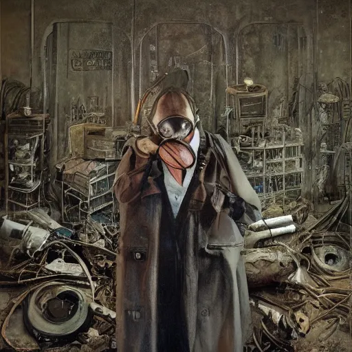 Prompt: UHD hyperrealistic photorealistic detailed image of a man in a rugged, worn trench coat wearing a gas mask, standing in front of an laboratory door, in a ruined and dark underground lab, readying himself for combat with a green undertone, inspired by the Stalker video game series by Ayami Kojima Amano Karol Bak, Greg Hildebrandt and Mark Brooks