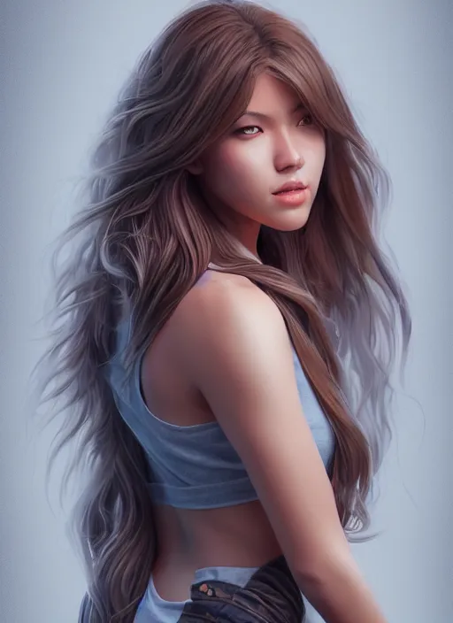 Prompt: full body portrait of a beautiful young woman, photorealistic, hair down to waist, sharp focus, in the style of Kevin Kostic, Stephen Lau and artgerm, hyper sharp focus, 8k highly detailed