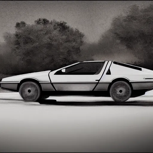 Image similar to a monochromatic sepia photograph of a delorean on the oregon trail, trending on art station,