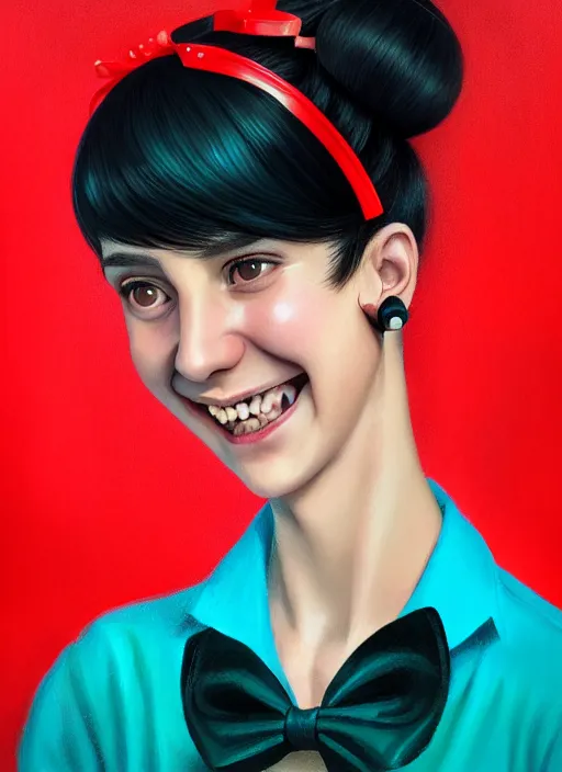 Image similar to portrait of high school girl, realistic, black hair, bangs, half updo hairstyle, pointy nose, skinny, smile, ugly, defined jawline, big chin, teal hair bow, earrings, intricate, elegant, glowing lights, highly detailed, digital painting, artstation, sharp focus, illustration, art by wlop, mars ravelo and greg rutkowski