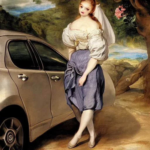 Image similar to heavenly summer sharp land sphere scallop well dressed lady standing next to a toyota corolla, auslese, by peter paul rubens and eugene delacroix and karol bak, hyperrealism, digital illustration, fauvist, standing next to a toyota corolla