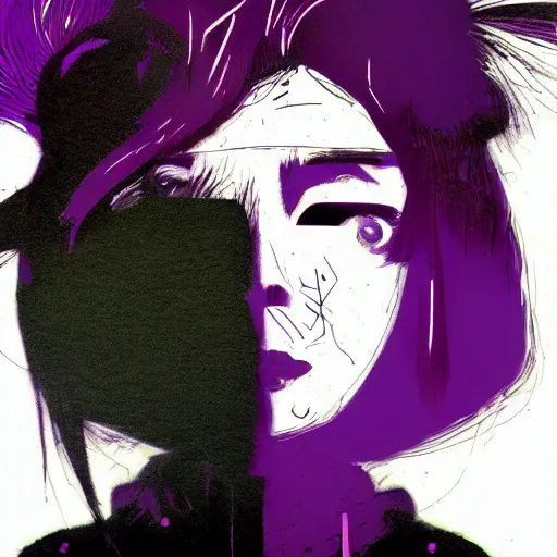 Image similar to Graphic Illustration, Creative Design, Glitch Art, Young Asian Woman with Purple Hair, by Ashley Wood and Jamie Hewlett