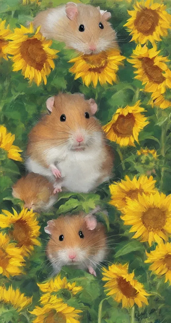 Image similar to a highly detailed beautiful portrait of a cute little hamster surrounded by beautiful sunflowers, by gregory manchess, james gurney, james jean