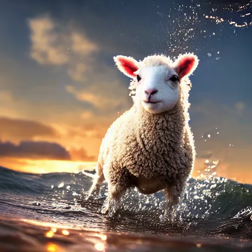 Prompt: a closeup photorealistic photograph of a cute baby sheep splashing in the surf during sunset. professional capture, well lit shot. this 4 k hd image is trending on artstation, featured on behance, well - rendered, extra crisp, features intricate detail, epic composition and the style of unreal engine.