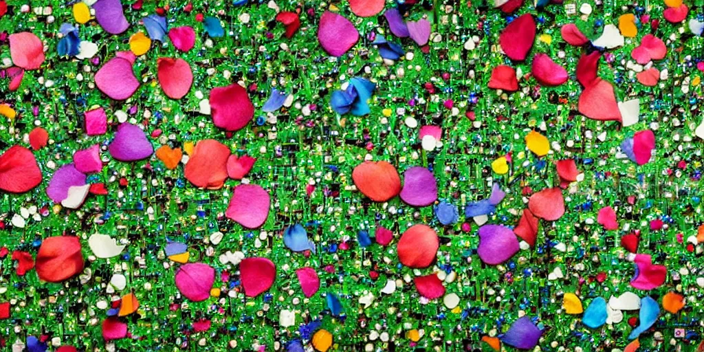 Image similar to computer motherboard overgrown with tiny! beautiful! lush!!! flowers, flower petals, leaves