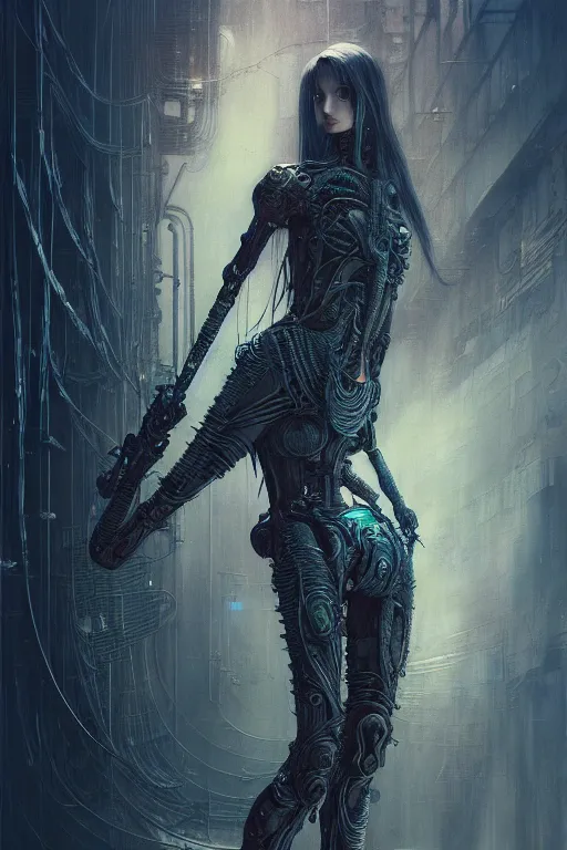 Image similar to a highly detailed long shot photo of cyberpunk female character by ayami kojima, elf, beksinski, giger, elf, wielding scythe, intricate, digital painting, artstation, concept art, smooth, sharp focus, full body