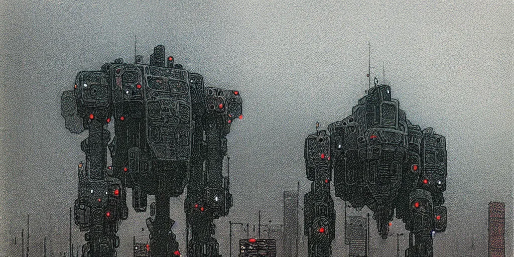 Prompt: grainy risograph matte painting of gigantic huge mech covered with wounds, black, pastel matte colors, staying in the foggy huge parking station, by moebius, hyperrealism, intricate detailed