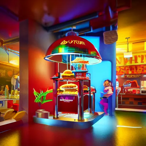 Image similar to burger, splash, burger machine, align art, 3 d render, incredible details, highly detailed, photorealistic, disney pixar, smooth, octane render, iridescent, 8 k