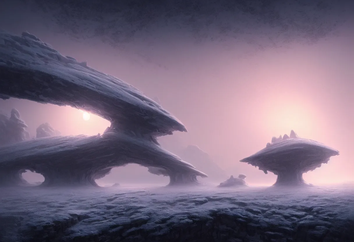 Prompt: surface of frozen winter alien planet at sunset, ultra high definition, ultra detailed, symmetry, fog, matte painting, by greg rutkowski and ross tran and wlop