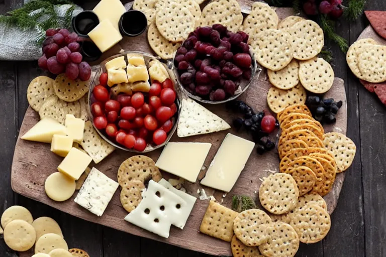 Prompt: A haunted cheese platter with crackers