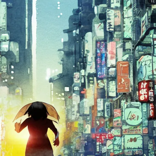 Image similar to incredible wide screenshot, ultrawide, simple watercolor, rough paper texture, ghost in the shell movie scene, backlit distant shot of girl in a parka running from a giant robot invasion side view, yellow parasol in deserted dusty shinjuku junk town, broken vending machines, bold graphic graffiti, old pawn shop, bright sun bleached ground, mud, fog, dust, windy, scary robot monster lurks in the background, ghost mask, teeth, animatronic, black smoke, pale beige sky, junk tv, texture, brown mud, dust, tangled overhead wires, telephone pole, dusty, dry, pencil marks, genius party,shinjuku, koji morimoto, katsuya terada, masamune shirow, tatsuyuki tanaka hd, 4k, remaster, dynamic camera angle, deep 3 point perspective, fish eye, dynamic scene