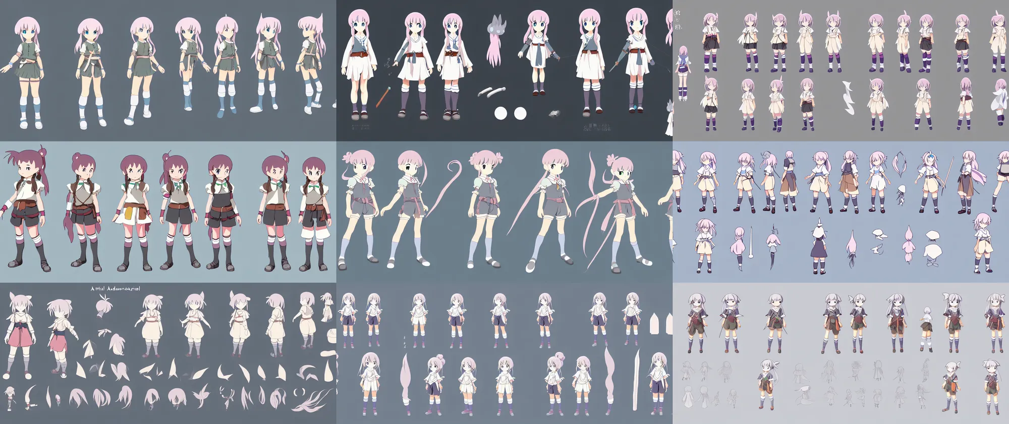 Prompt: a magical adventurer little girl character anime model sheet; in the magical studio ghibli anime; character outfit concepts; trending on artstation, highly detailed, clean lines, clear shapes