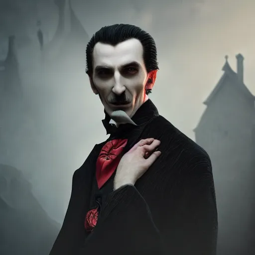 Prompt: a portrait of Dracula, victorian, depth of field, soft light, ominous, realistic, octane, photorealistic, detailed, 8k