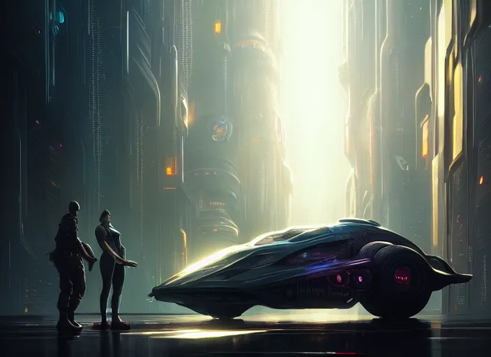 Image similar to detailed intricate digital illustration by greg rutkowski and artgerm and wlop and sanford robinson gifford ; cyberpunk futuristic vehicle, glowing headlights ; 1 3 mm film, wide angle arri alfa anamorphic lens ; sharp focus, soft evening lighting, trending on artstation 4 k