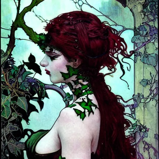 Image similar to a beautiful painting a goth girl dressed as a teenage poison ivy, dark eyeliner, intricate, elegant, highly detailed, digital painting, artstation, concept art, matte, sharp focus, illustration, art by rebecca guay and by arthur rackham and by alphonse mucha and by john william waterhouse