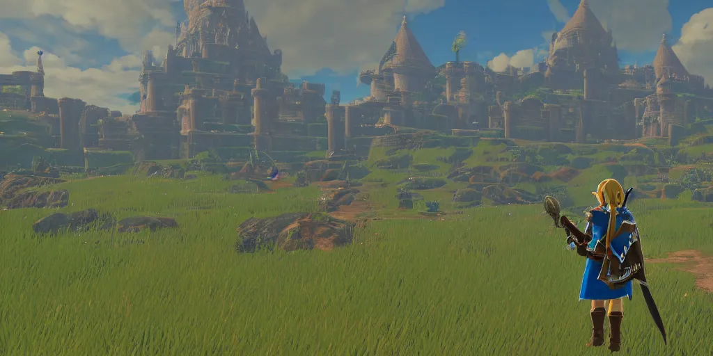 Prompt: first person perspective establishing shot of Hyrule Castle from legend of zelda breath of the wild, rendered in Unreal Engine:1|photorealistic, cinematic:0.9|Octane, finalRender:0.8|devfiantArt, artstation, artstation HQ, behance, HD, 16k resolution:0.6|people, faces, humans:-1