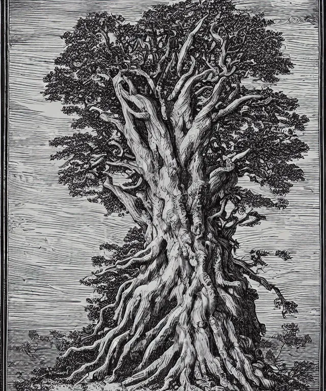 Prompt: ancient gnarled oak, tree of life on top of an open book, art by james o barr and albrecht durer and gustave dore, woodblock print, engraved, black and white, vector, vector art